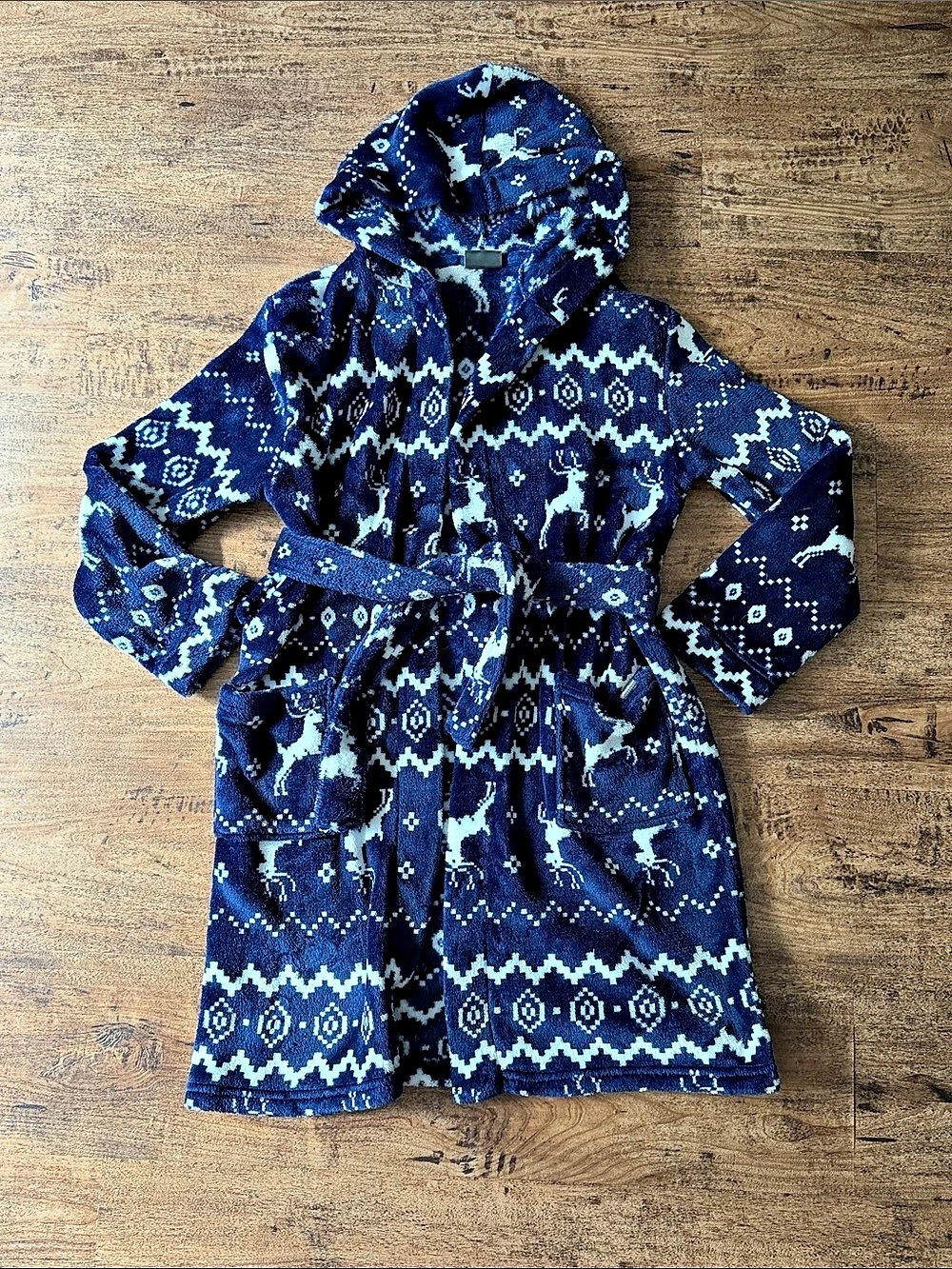 Eddie Bauer Kids Fleece Reindeer Fair Isle Robe Hooded Coat Blue & White